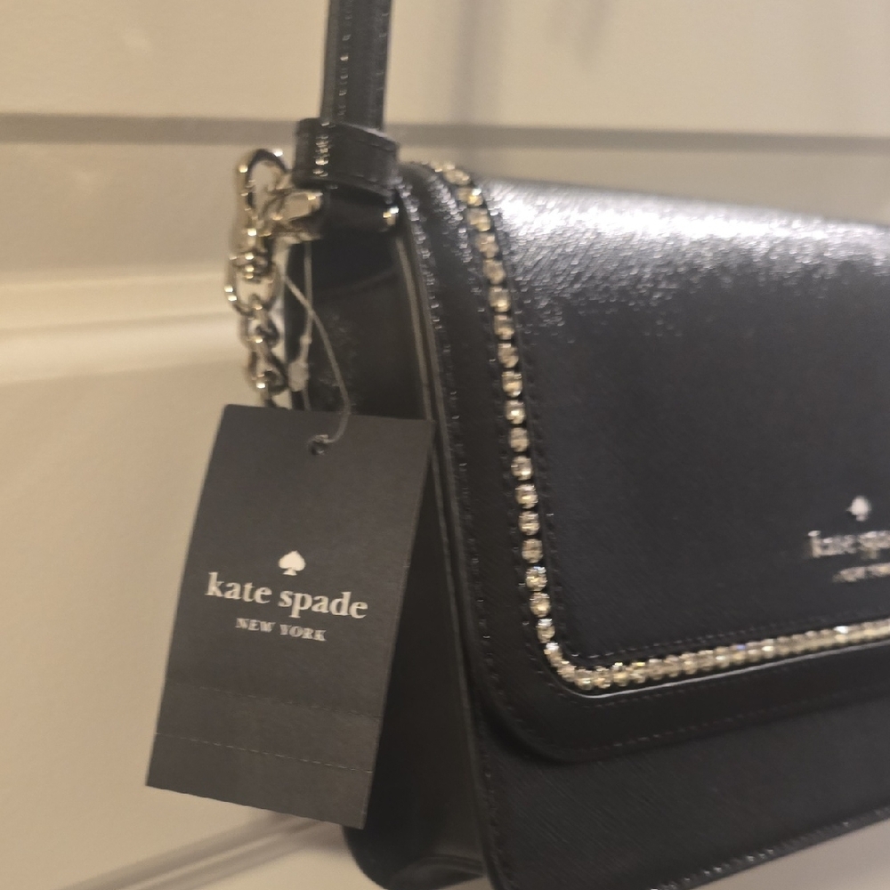 Kate Spade Black Leather Crossbody with Crystal Trim NWT - Picture 4 of 6
